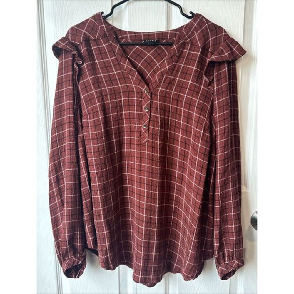 Torrid Crinkle Gauze Ruffle Trim Pullover Long Sleeve‎ Blouse Top 1X Brown Plaid